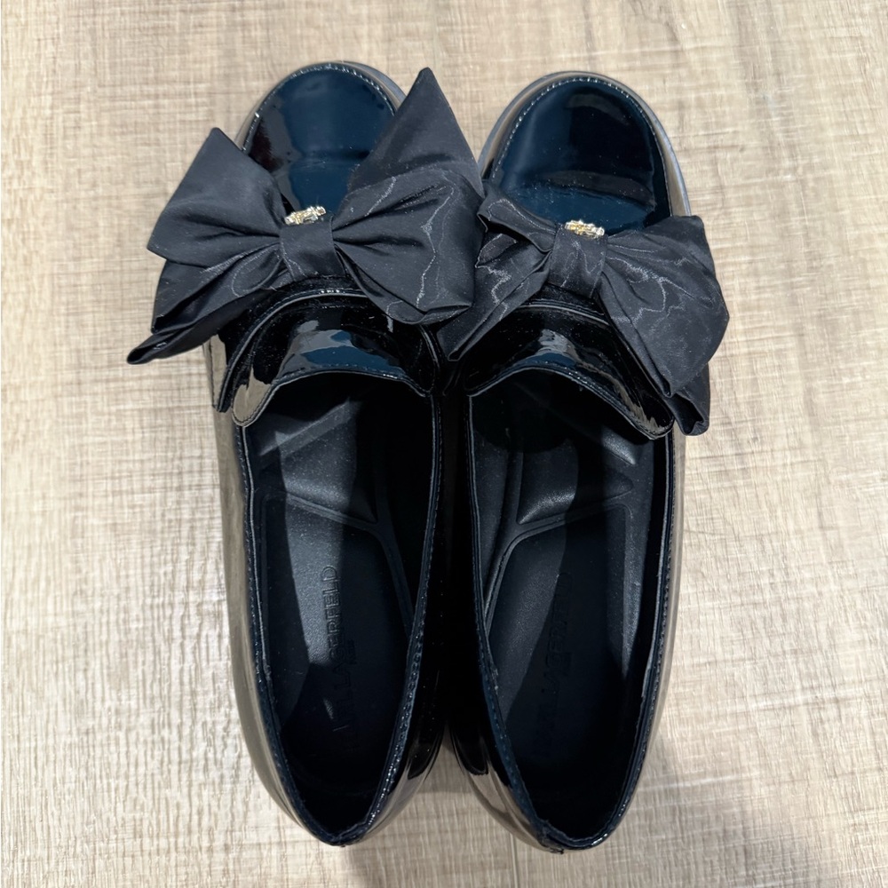Karl Lagerfeld Black Patent Loafers with Fabric Bow